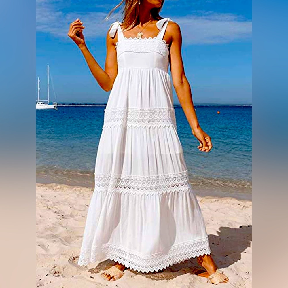 Summer Beach Boho Maxi Dress Tie-up Strap Square Neck Sleeveless Lace Long Dress